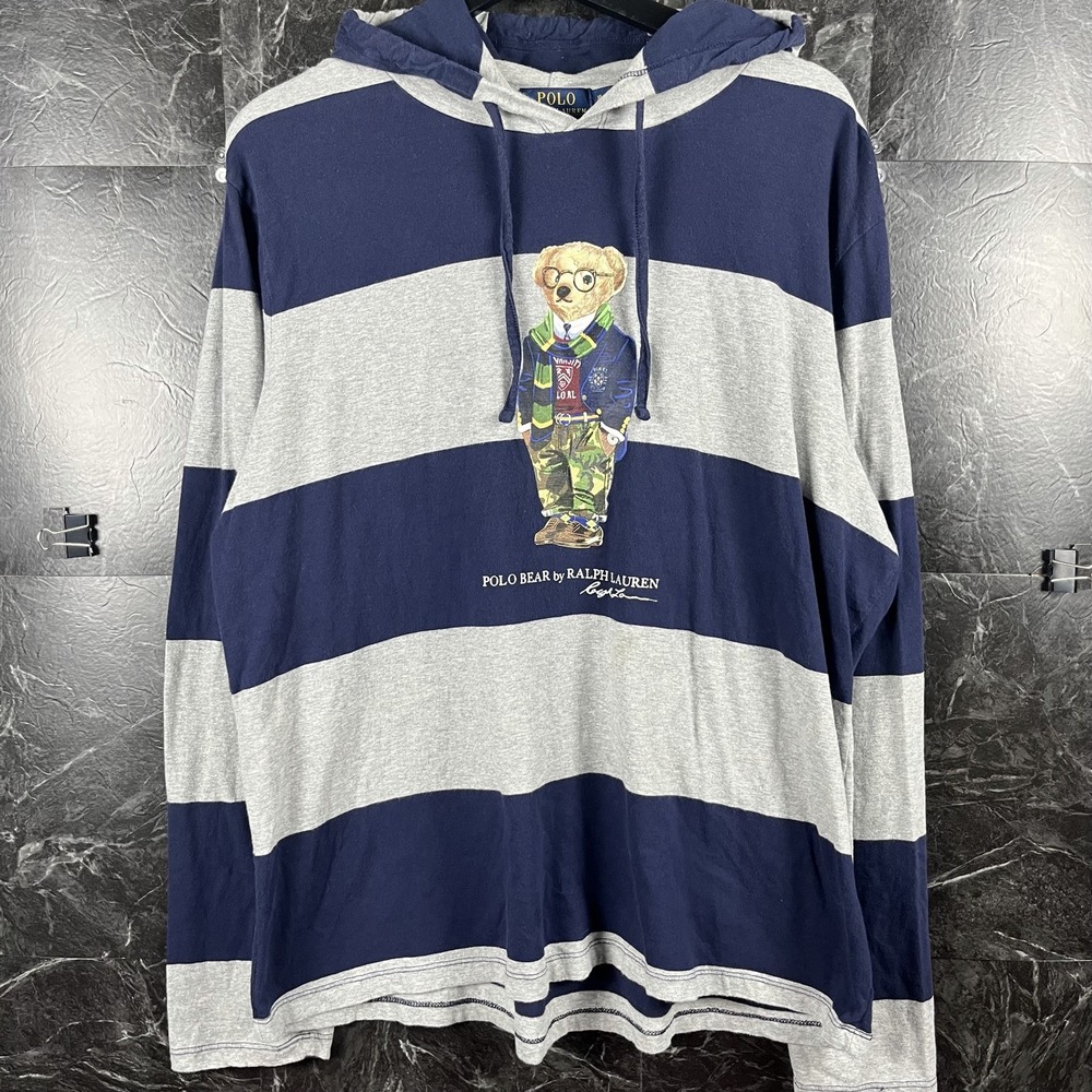 Polo Ralph Lauren Men's Blue Striped Polo Bear Jersey Shirt XL -Flaws